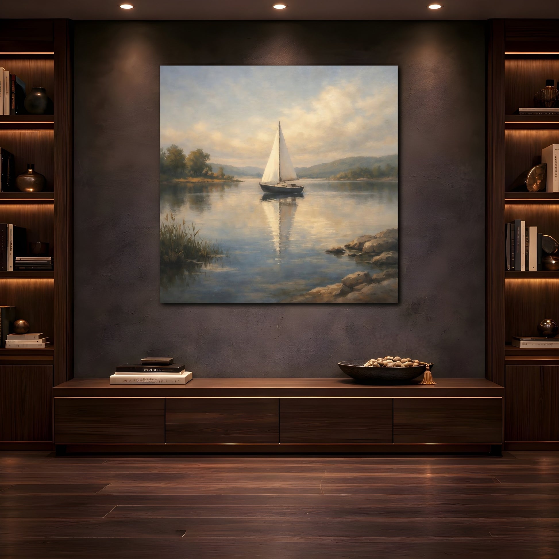 Mockup 4. Nature Sailboat Calm Lake Sailboat shown as stretched canvas wall art