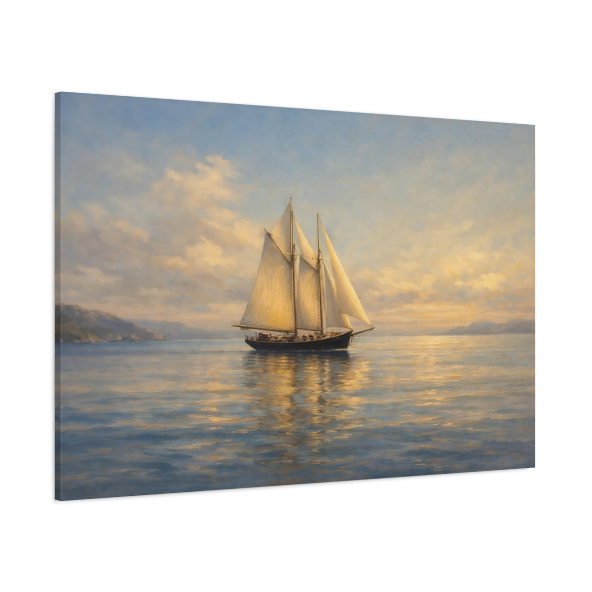 Main Mockup. Nature Sailboat Golden Hour Seascape shown as stretched canvas wall art