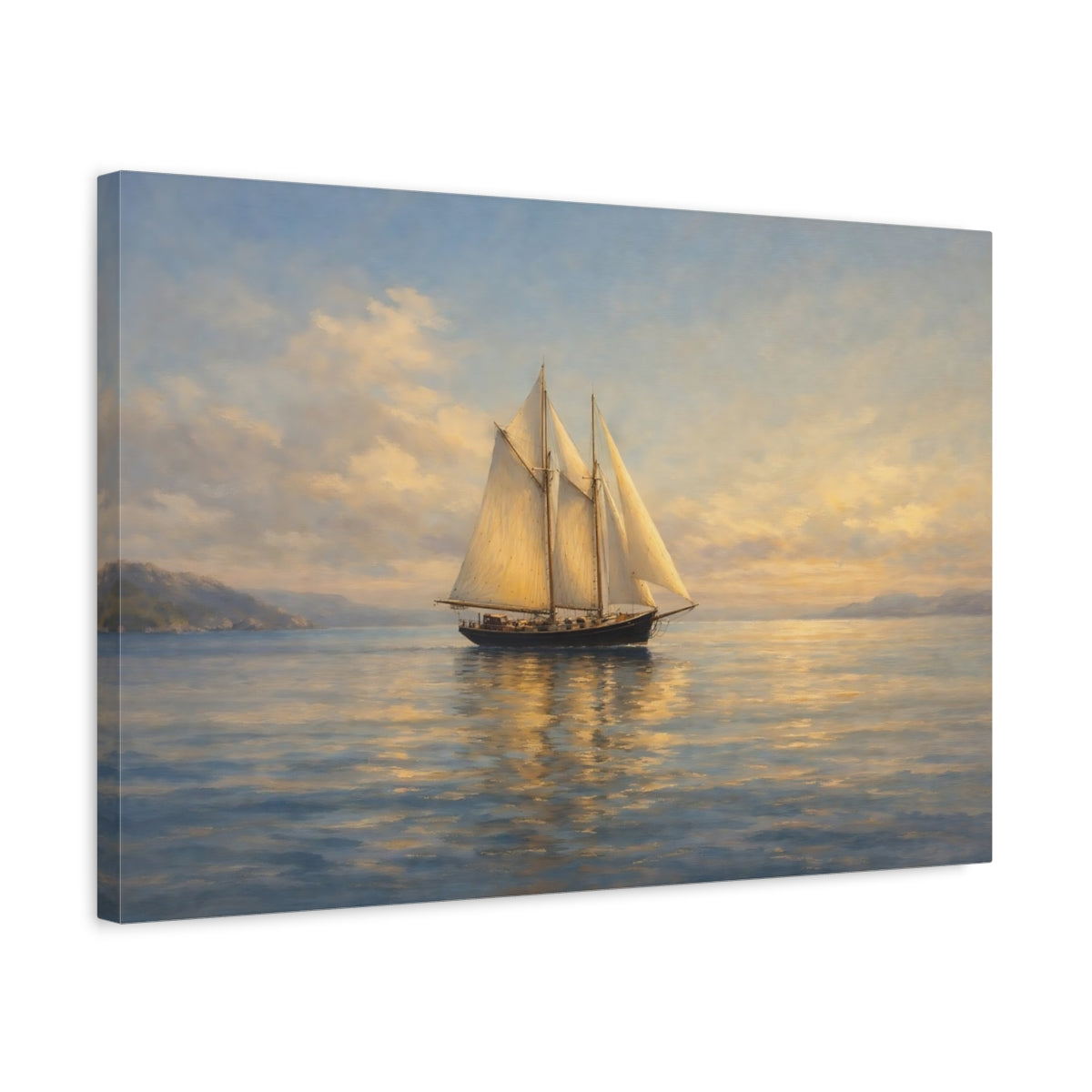 Side Mockup 3. Nature Sailboat Golden Hour Seascape shown as stretched canvas wall art