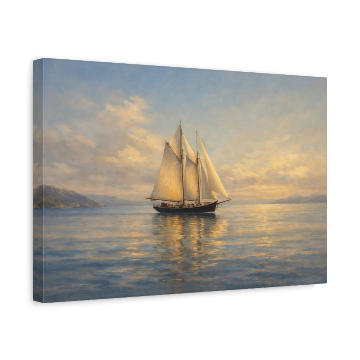 Side Mockup 4. Nature Sailboat Golden Hour Seascape shown as stretched canvas wall art