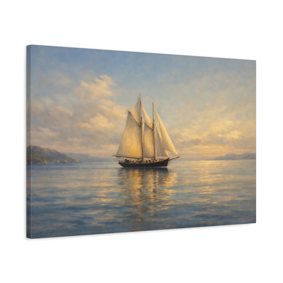Side Mockup 2. Nature Sailboat Golden Hour Seascape shown as stretched canvas wall art