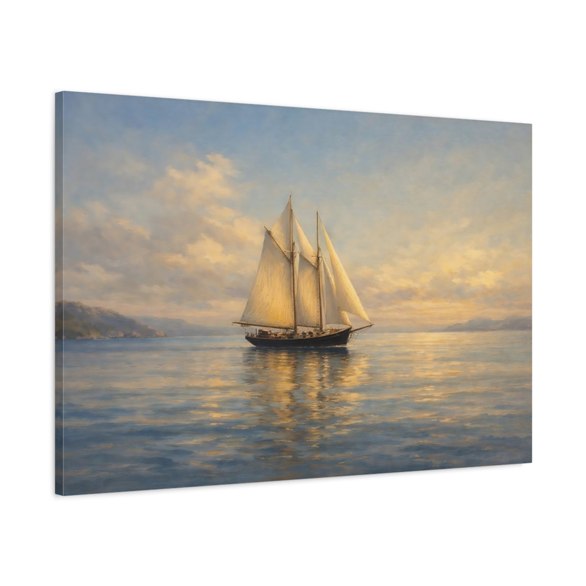 Side Mockup 1. Nature Sailboat Golden Hour Seascape shown as stretched canvas wall art