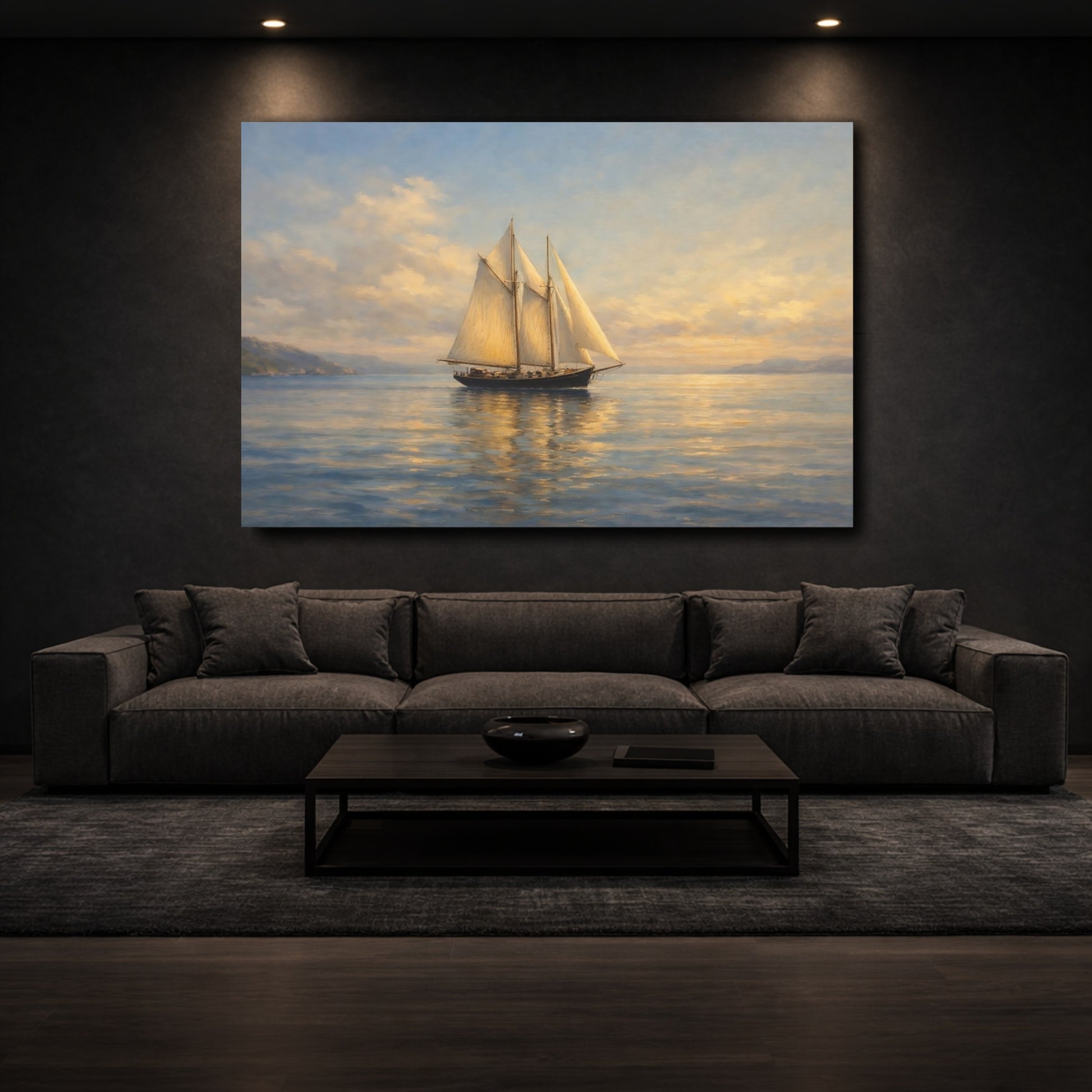 Mockup 2. Nature Sailboat Golden Hour Seascape shown as stretched canvas wall art