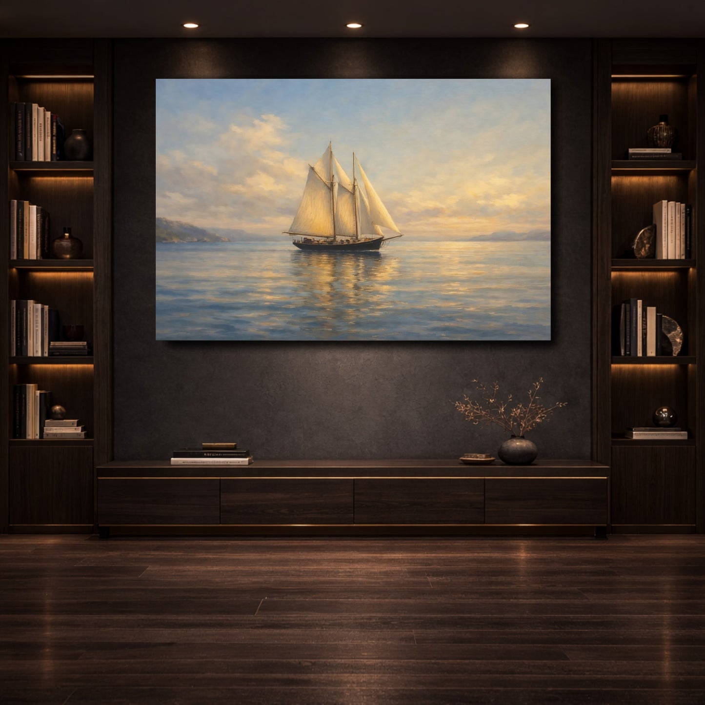 Mockup 3. Nature Sailboat Golden Hour Seascape shown as stretched canvas wall art