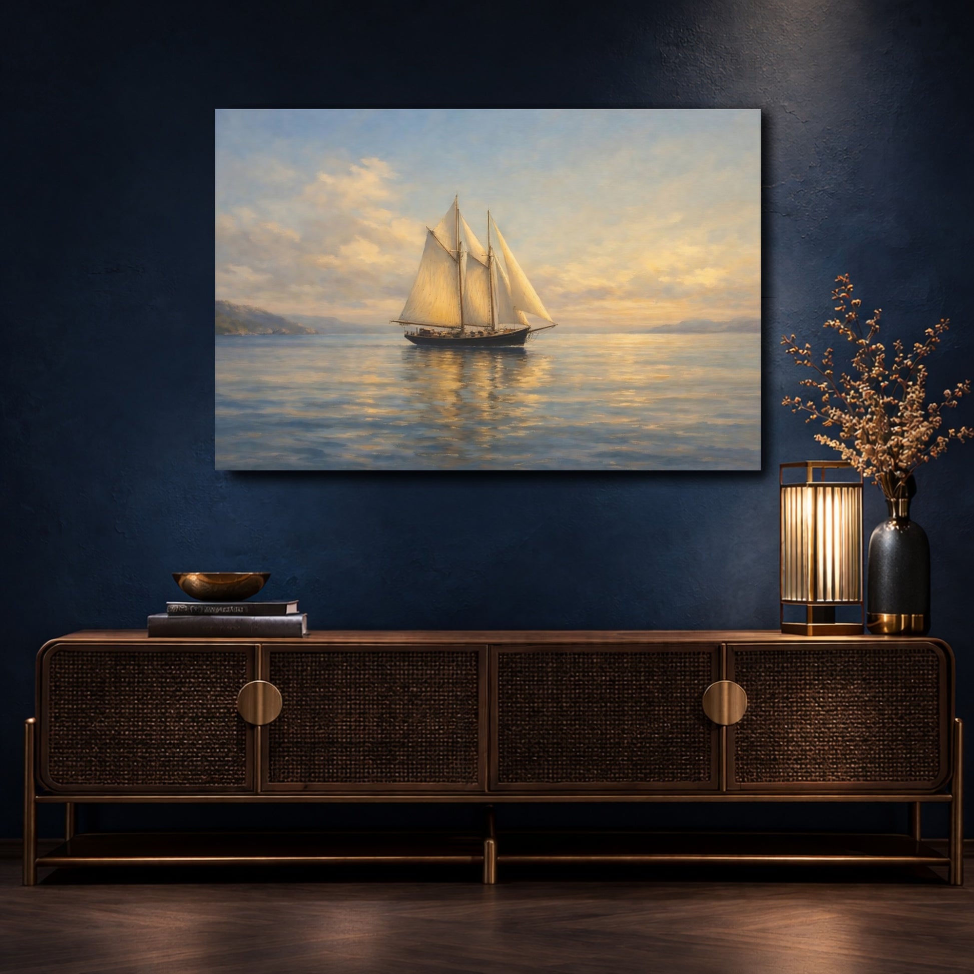 Mockup 4. Nature Sailboat Golden Hour Seascape shown as stretched canvas wall art