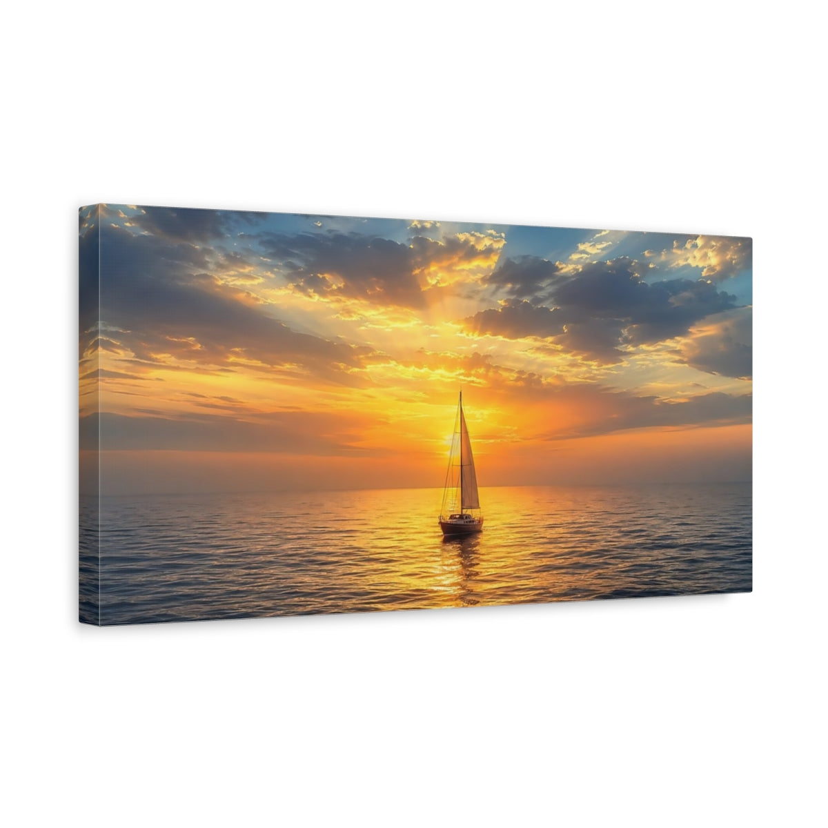Side Mockup 3. Nature Sailboat Golden Ocean Sunset shown as stretched canvas wall art