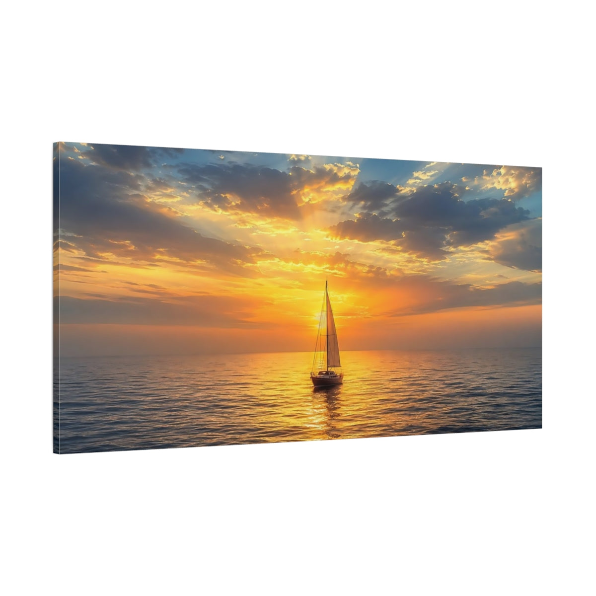 Side Mockup 2. Nature Sailboat Golden Ocean Sunset shown as stretched canvas wall art