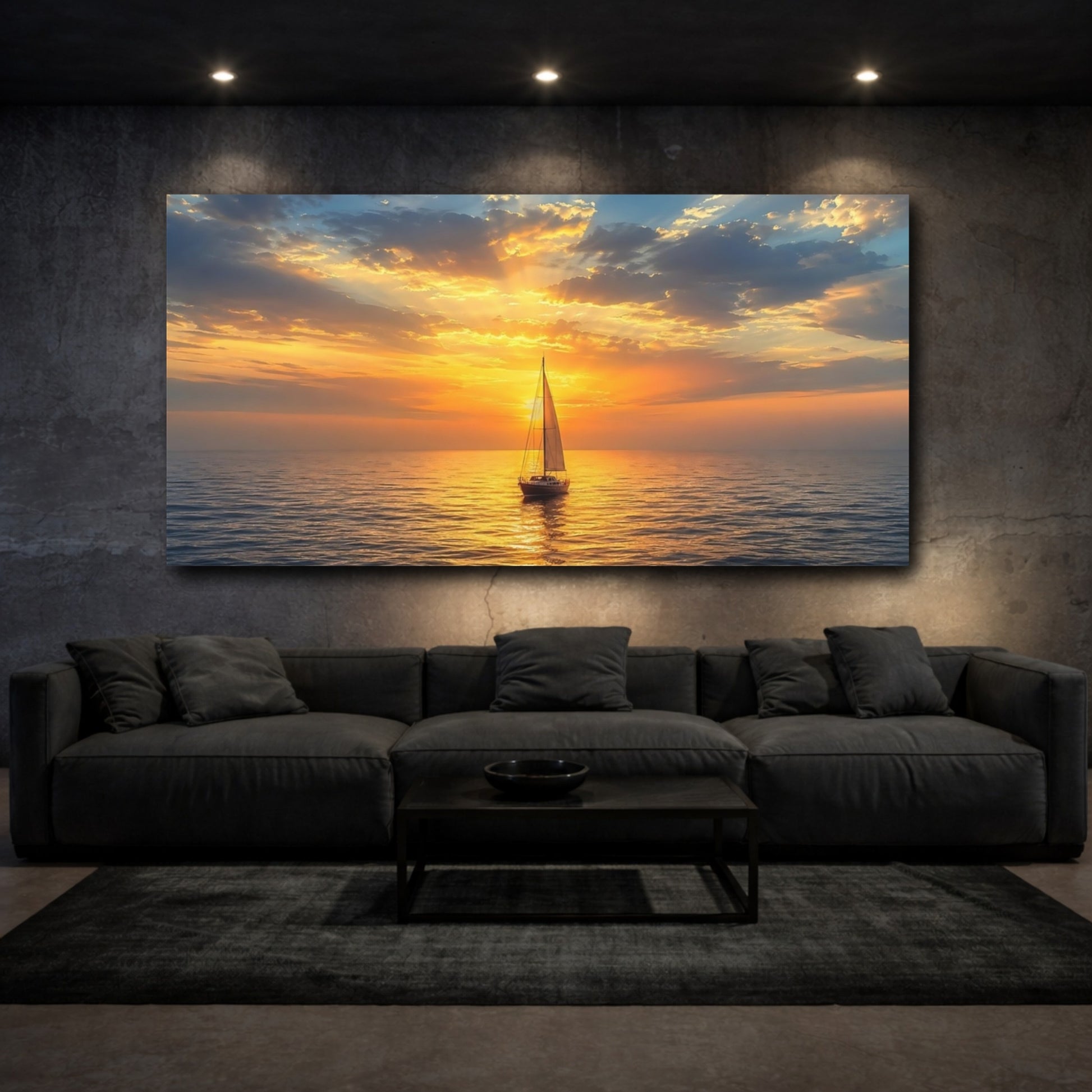 Mockup 2. Nature Sailboat Golden Ocean Sunset shown as stretched canvas wall art