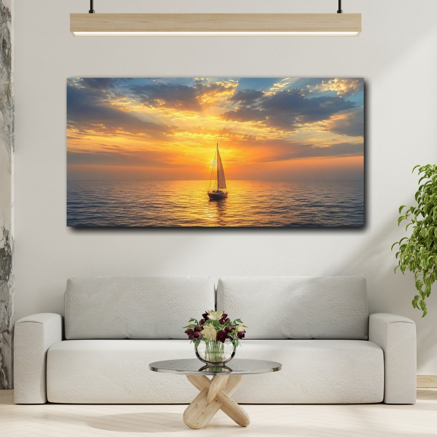 Mockup 3. Nature Sailboat Golden Ocean Sunset shown as stretched canvas wall art
