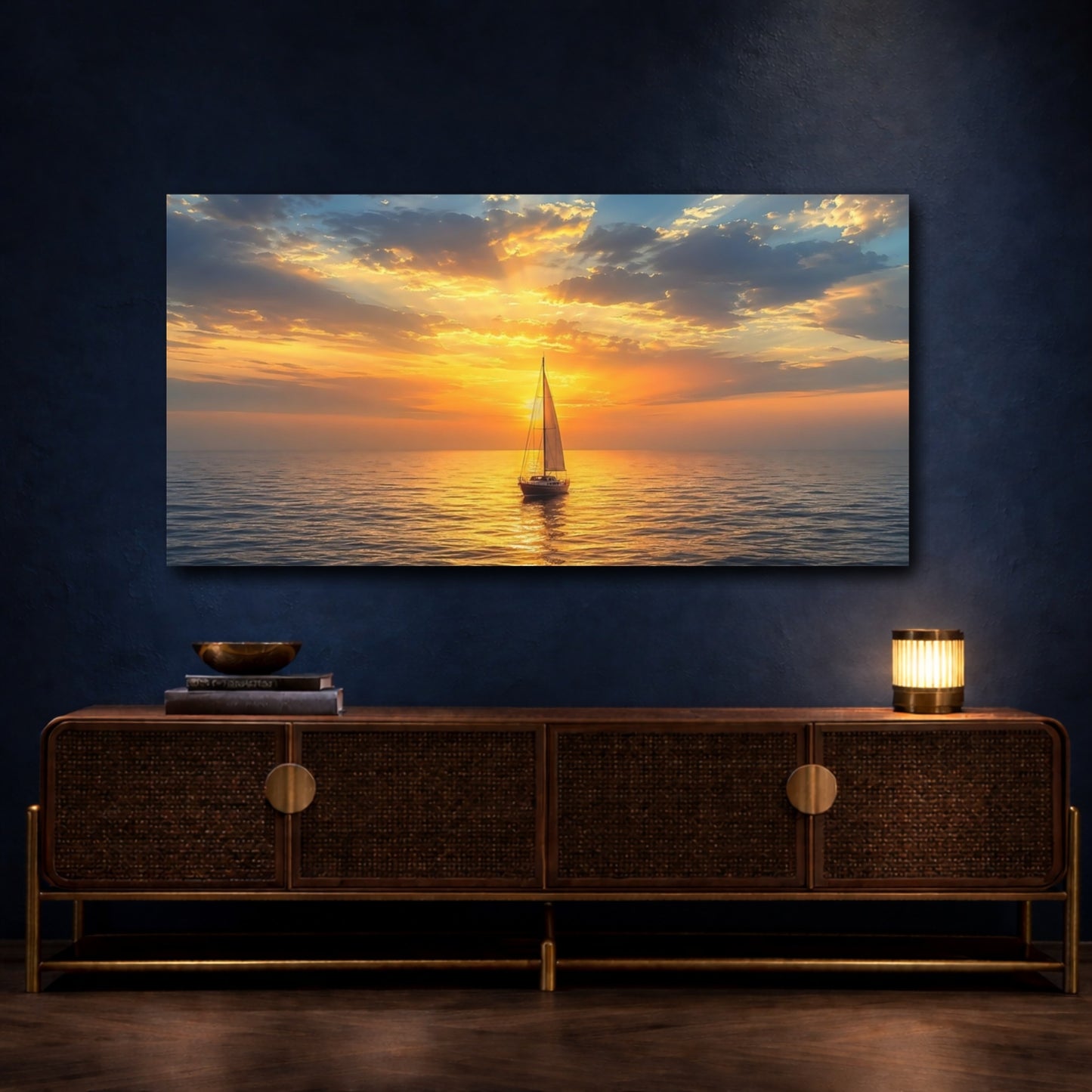 Mockup 4. Nature Sailboat Golden Ocean Sunset shown as stretched canvas wall art