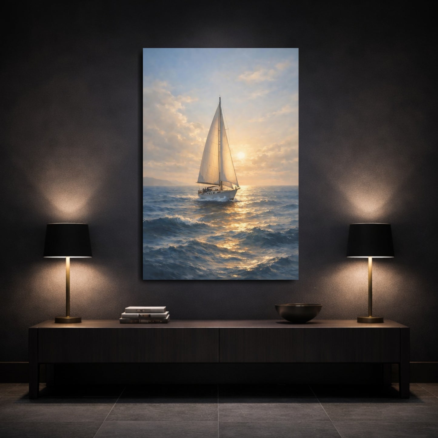 Mockup 2. Nature Sailboat Golden Sailboat shown as stretched canvas wall art