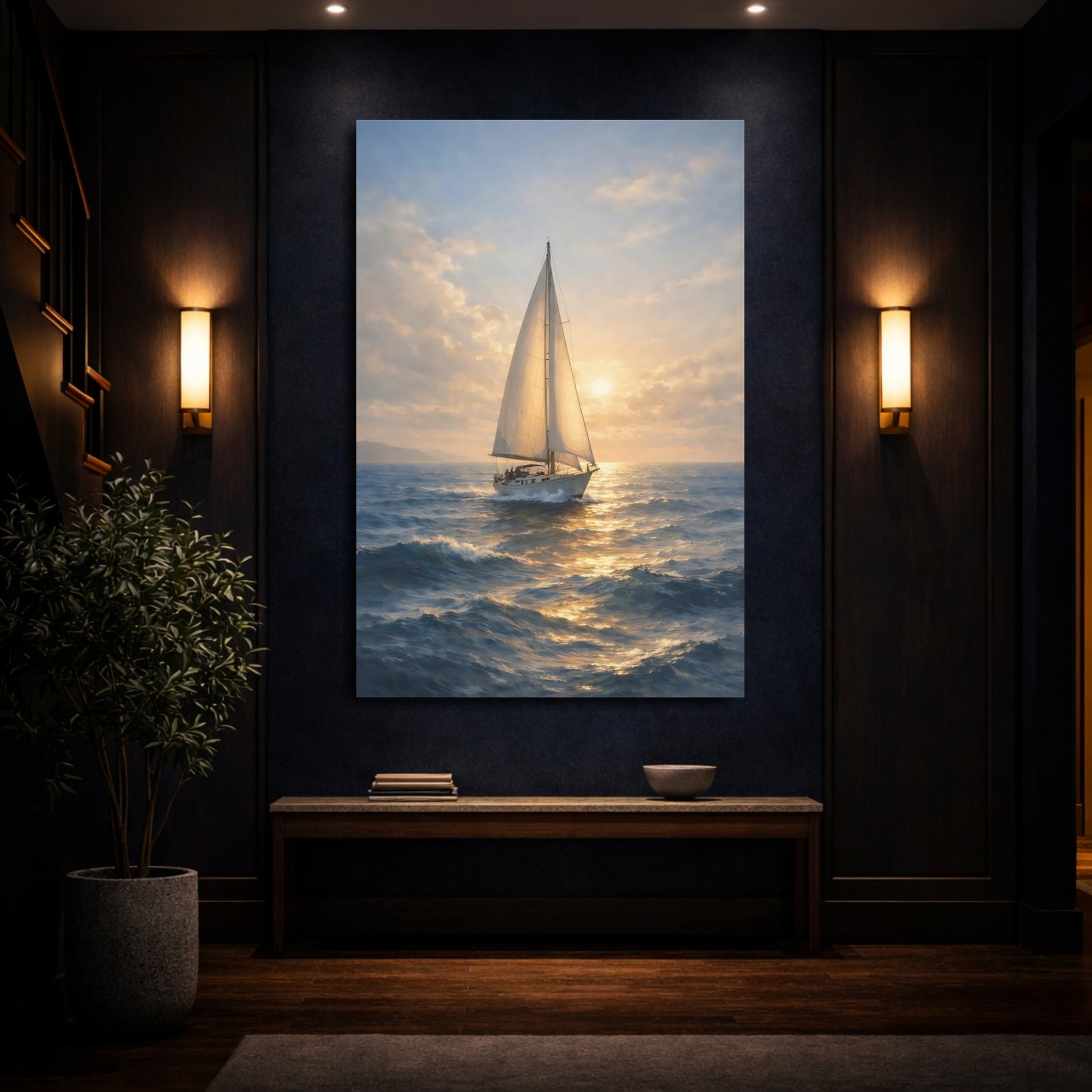 Mockup 3. Nature Sailboat Golden Sailboat shown as stretched canvas wall art