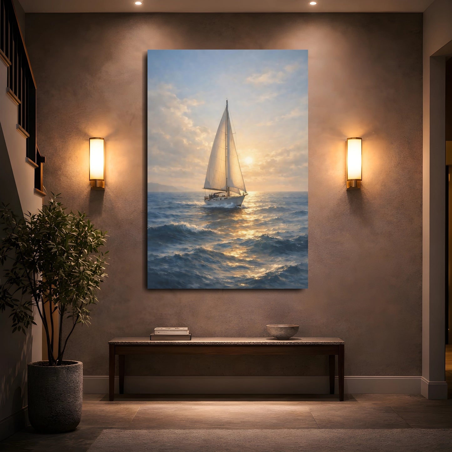Mockup 4. Nature Sailboat Golden Sailboat shown as stretched canvas wall art