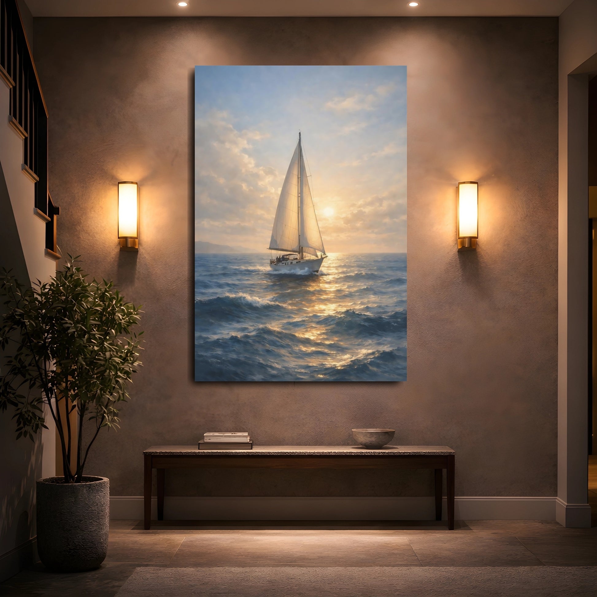 Mockup 4. Nature Sailboat Golden Sailboat shown as stretched canvas wall art