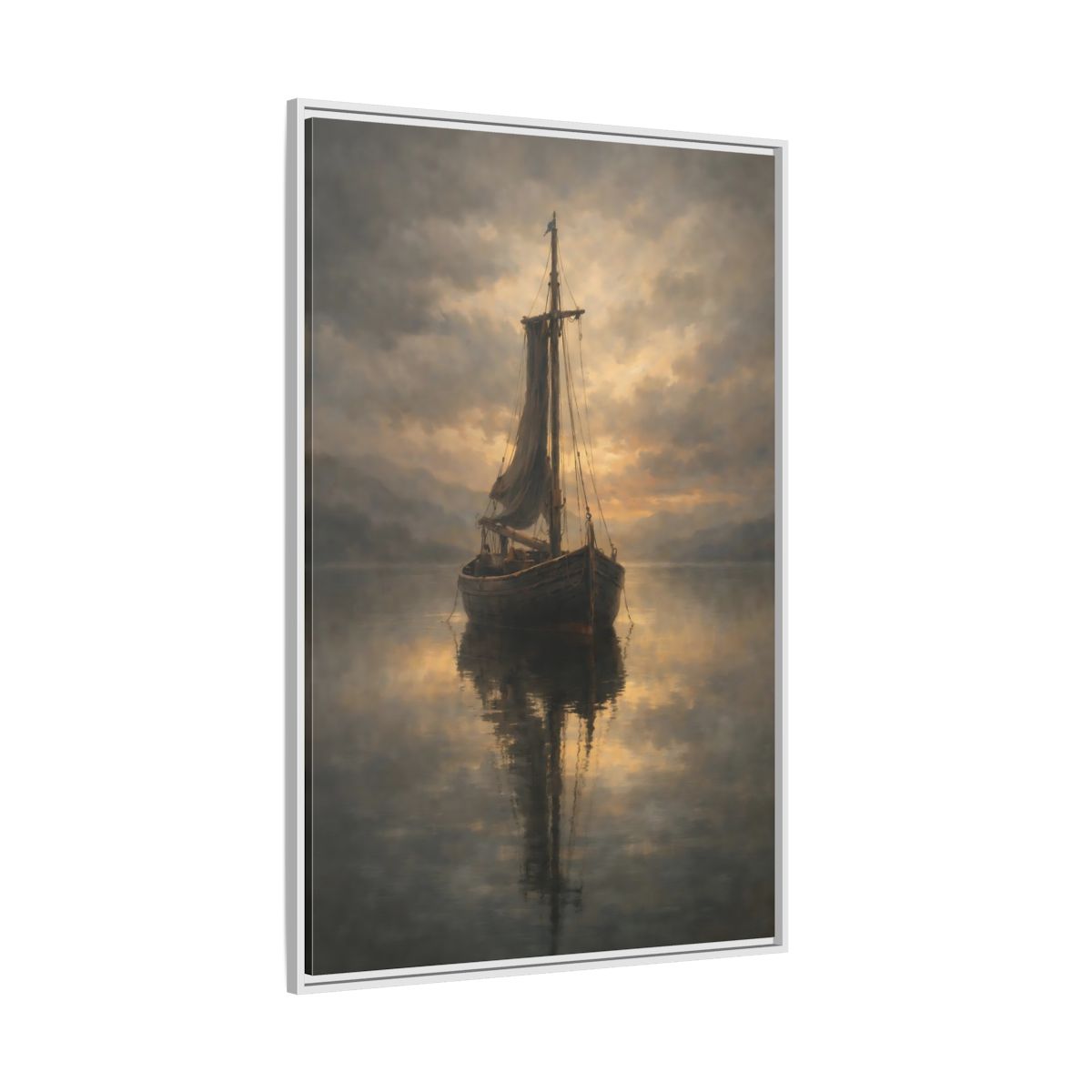 Side Mockup 7. Nature Sailboat Golden Sky Boat shown as stretched canvas wall art