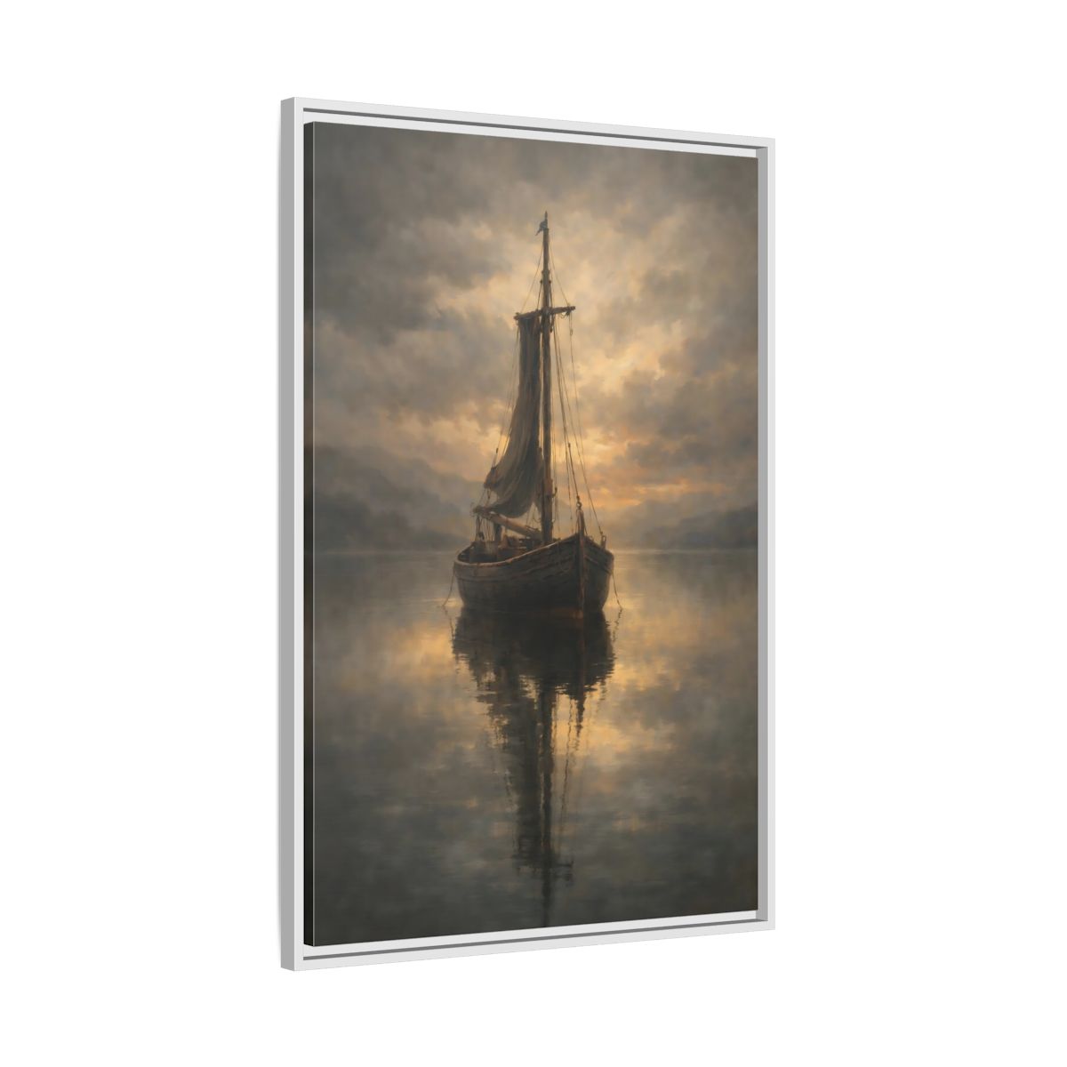 Side Mockup 9. Nature Sailboat Golden Sky Boat shown as stretched canvas wall art
