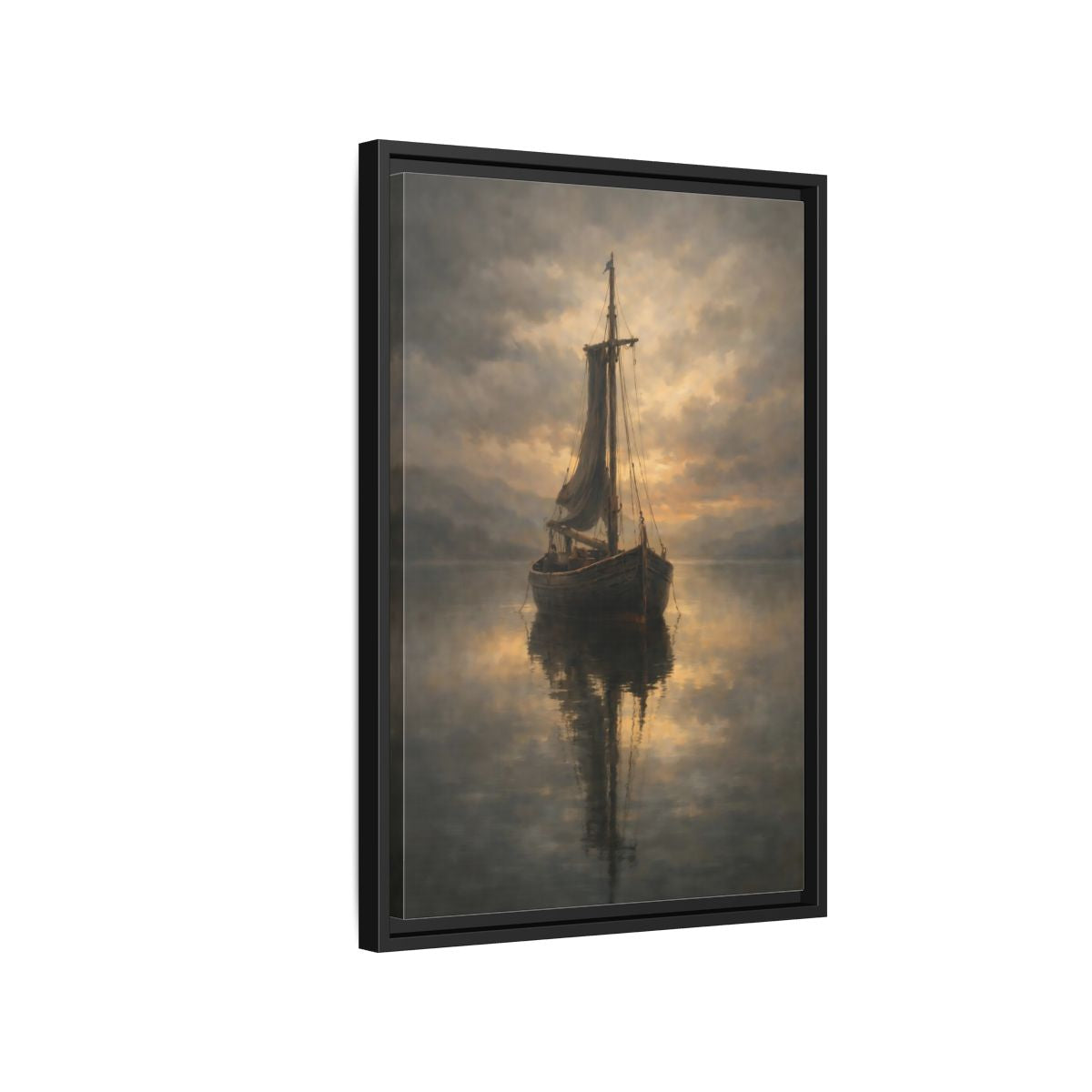 Side Mockup 3. Nature Sailboat Golden Sky Boat shown as stretched canvas wall art