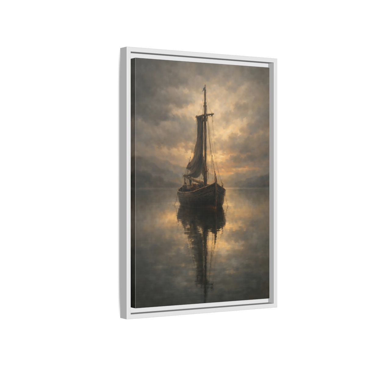Side Mockup 1. Nature Sailboat Golden Sky Boat shown as stretched canvas wall art
