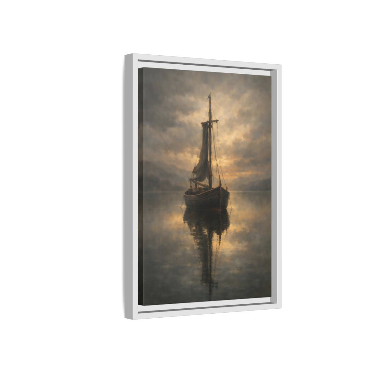 Side Mockup 4. Nature Sailboat Golden Sky Boat shown as stretched canvas wall art