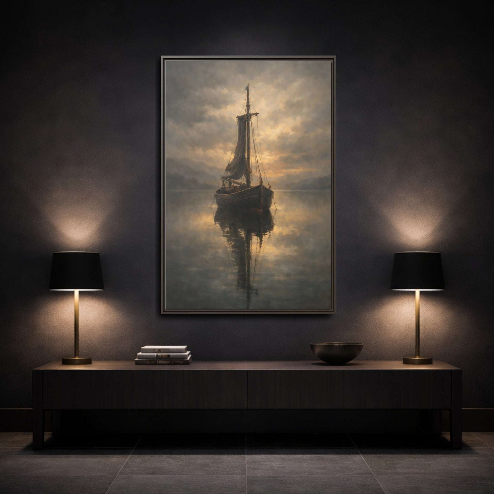 Mockup 2. Nature Sailboat Golden Sky Boat shown as stretched canvas wall art