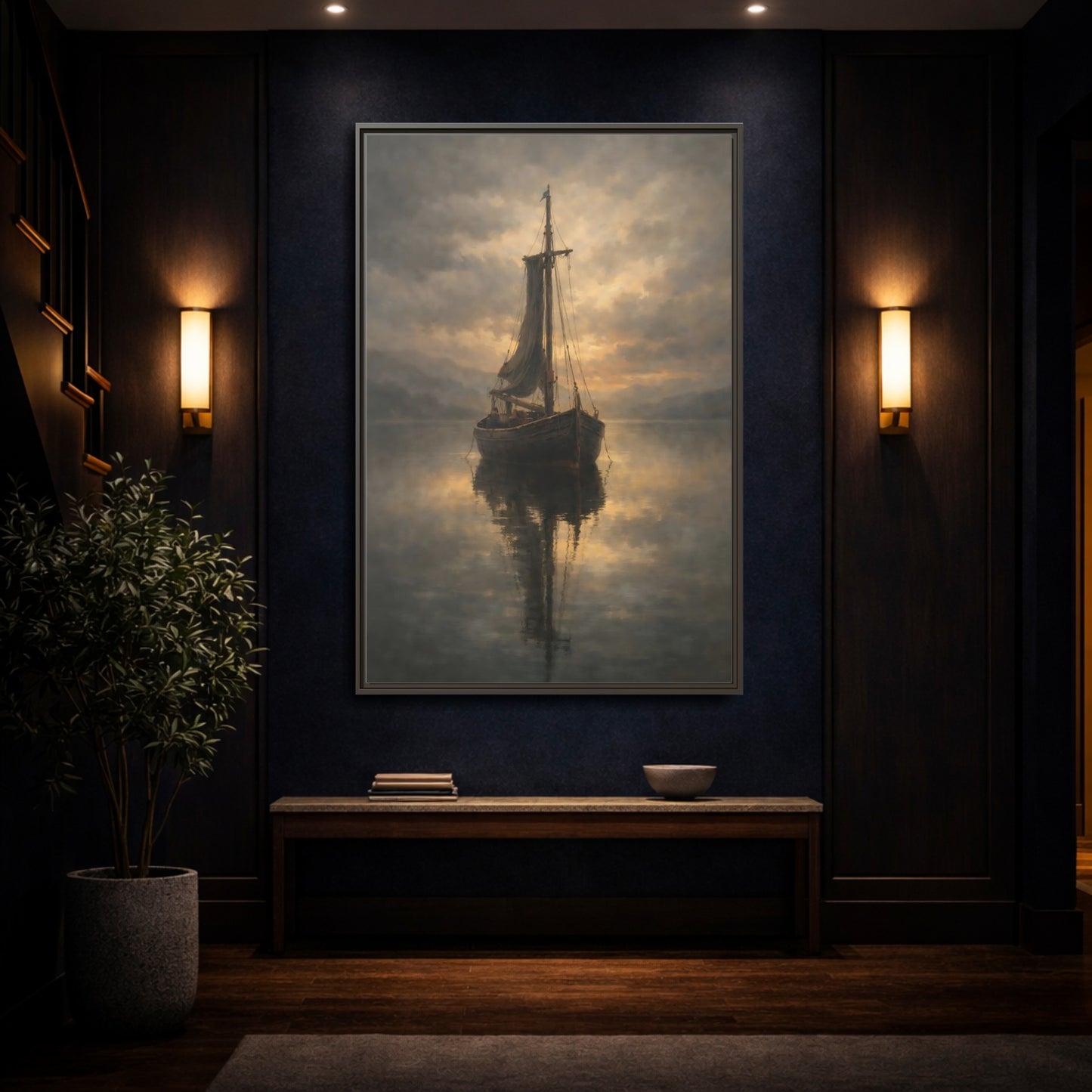 Mockup 3. Nature Sailboat Golden Sky Boat shown as stretched canvas wall art