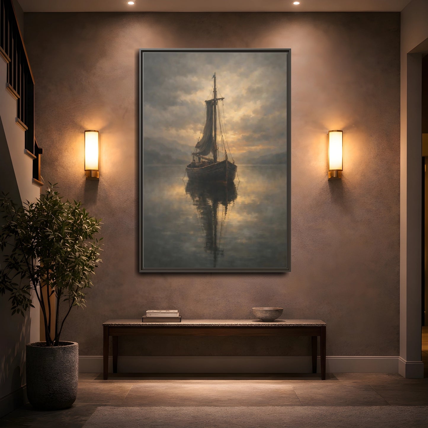 Mockup 4. Nature Sailboat Golden Sky Boat shown as stretched canvas wall art