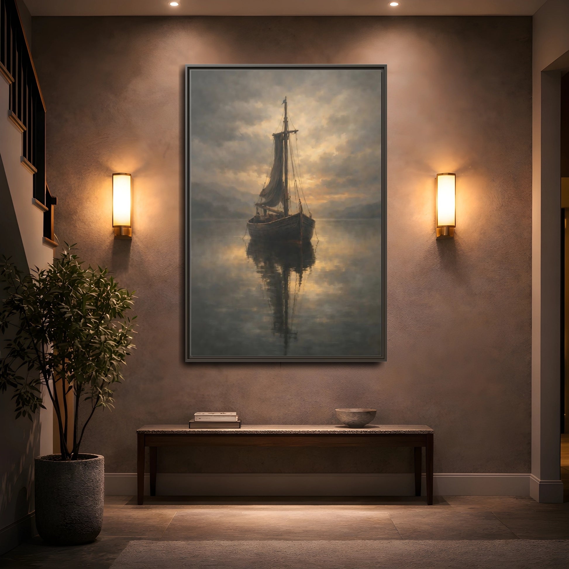 Mockup 4. Nature Sailboat Golden Sky Boat shown as stretched canvas wall art