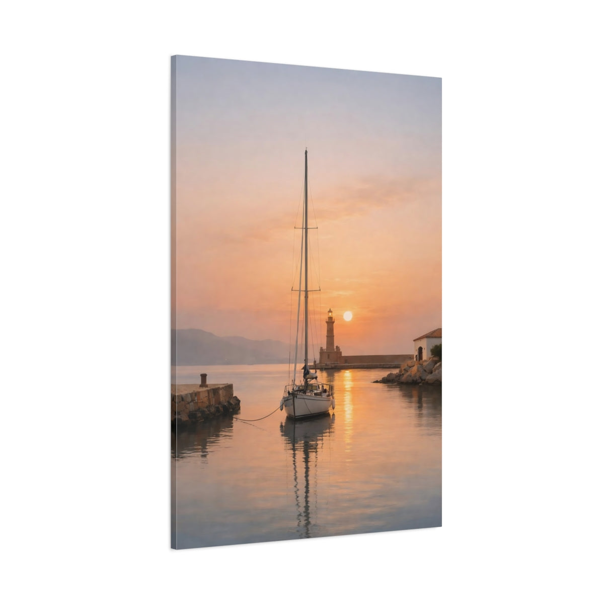 Main Mockup. Nature Sailboat Lighthouse Orange Sunset shown as stretched canvas wall art