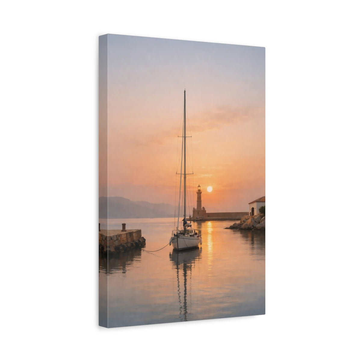 Side Mockup 4. Nature Sailboat Lighthouse Orange Sunset shown as stretched canvas wall art