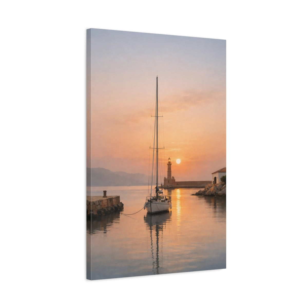 Side Mockup 2. Nature Sailboat Lighthouse Orange Sunset shown as stretched canvas wall art