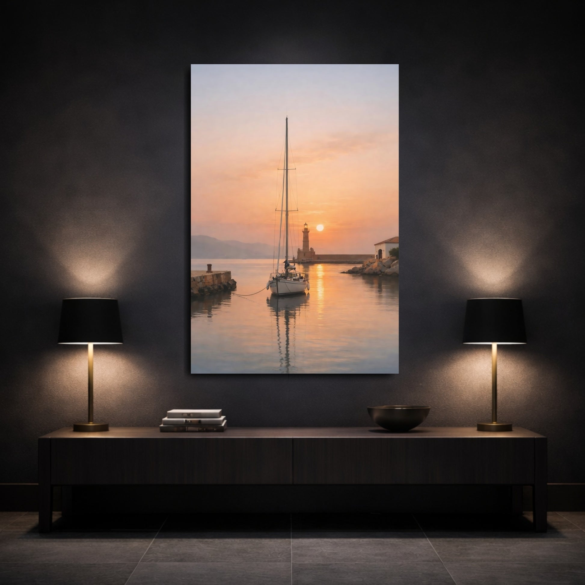 Mockup 2. Nature Sailboat Lighthouse Orange Sunset shown as stretched canvas wall art