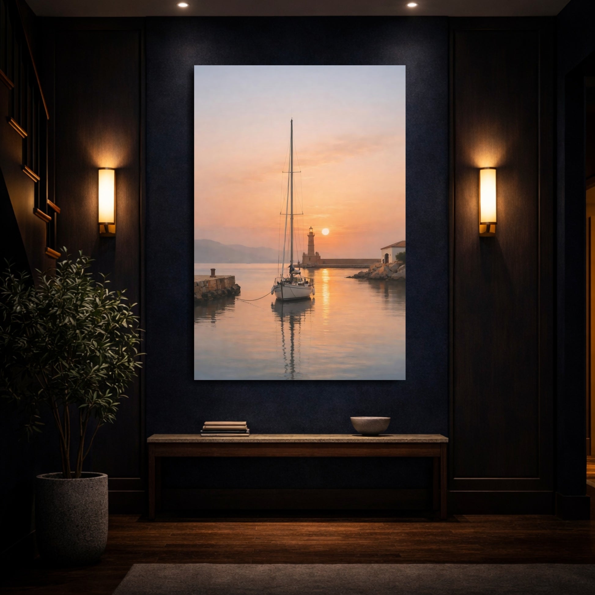 Mockup 3. Nature Sailboat Lighthouse Orange Sunset shown as stretched canvas wall art