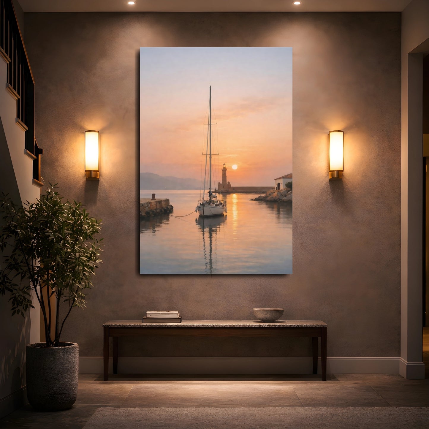 Mockup 4. Nature Sailboat Lighthouse Orange Sunset shown as stretched canvas wall art