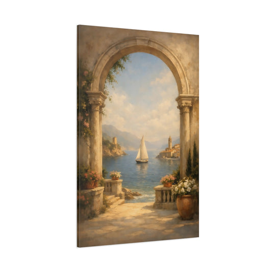 Main Mockup. Nature Sailboat Mediterranean Coastal shown as stretched canvas wall art