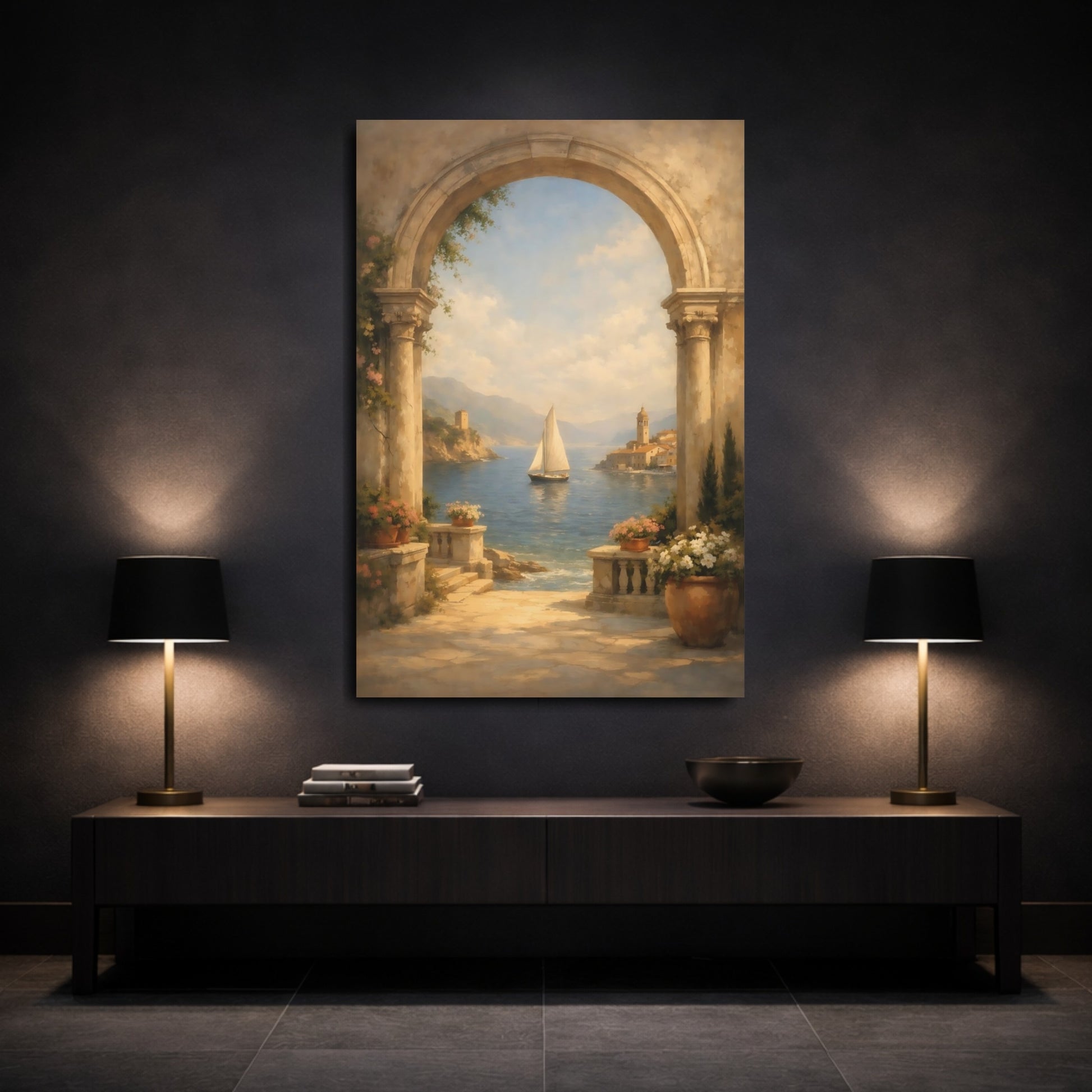 Mockup 2. Nature Sailboat Mediterranean Coastal shown as stretched canvas wall art