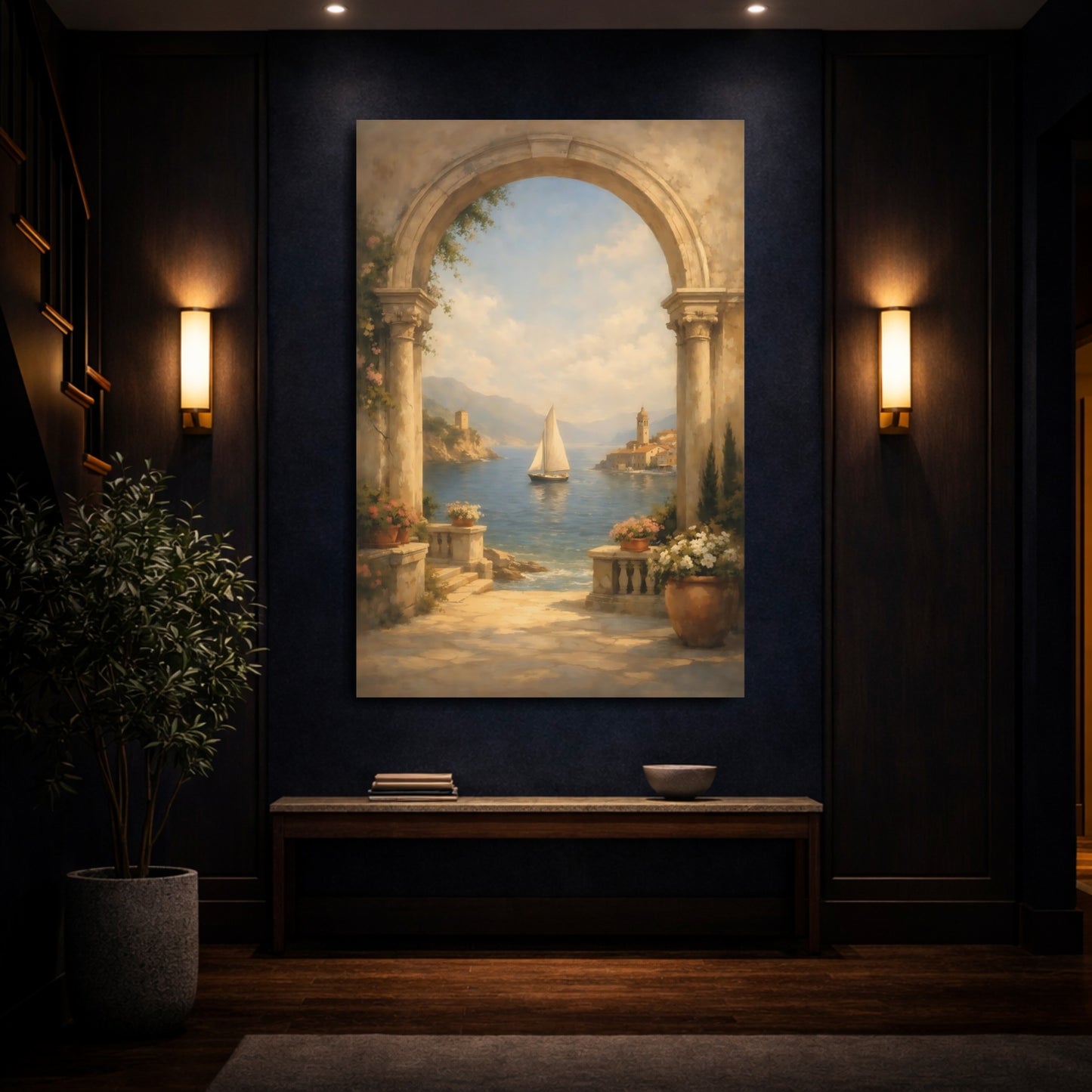 Mockup 3. Nature Sailboat Mediterranean Coastal shown as stretched canvas wall art