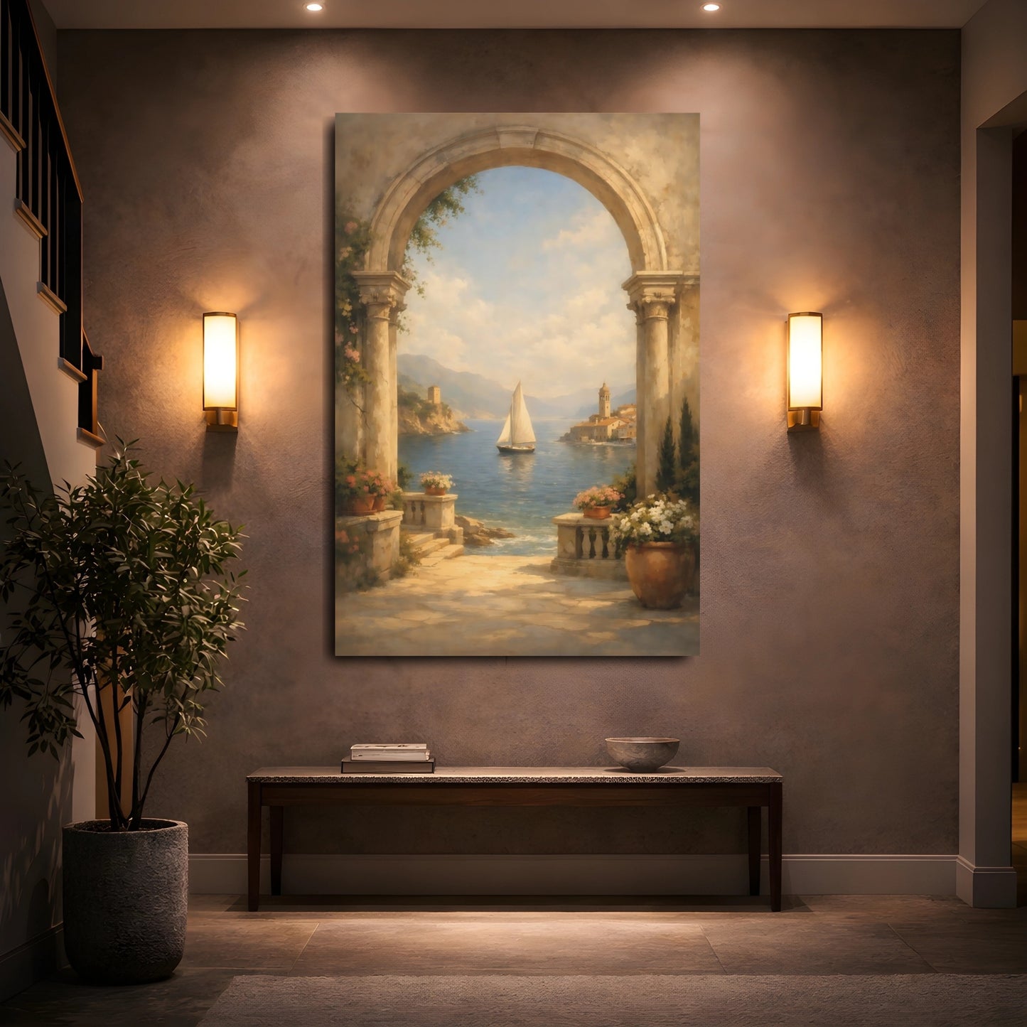 Mockup 4. Nature Sailboat Mediterranean Coastal shown as stretched canvas wall art