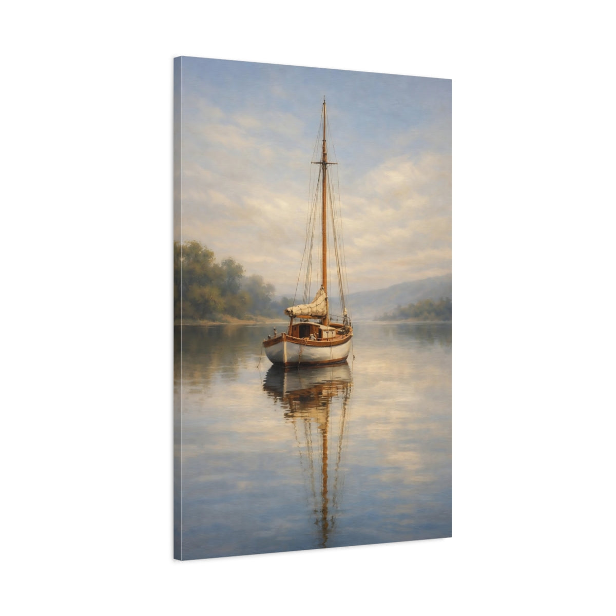 Side Mockup 1. Nature Sailboat Misty Lake Sailboat shown as stretched canvas wall art