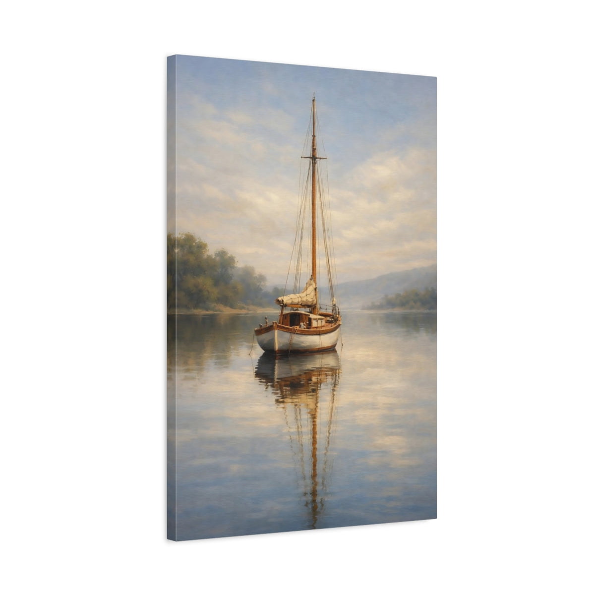 Side Mockup 2. Nature Sailboat Misty Lake Sailboat shown as stretched canvas wall art