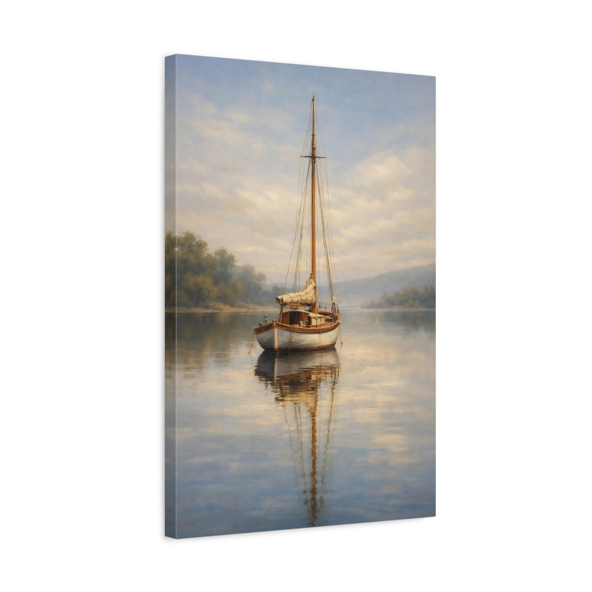 Side Mockup 3. Nature Sailboat Misty Lake Sailboat shown as stretched canvas wall art