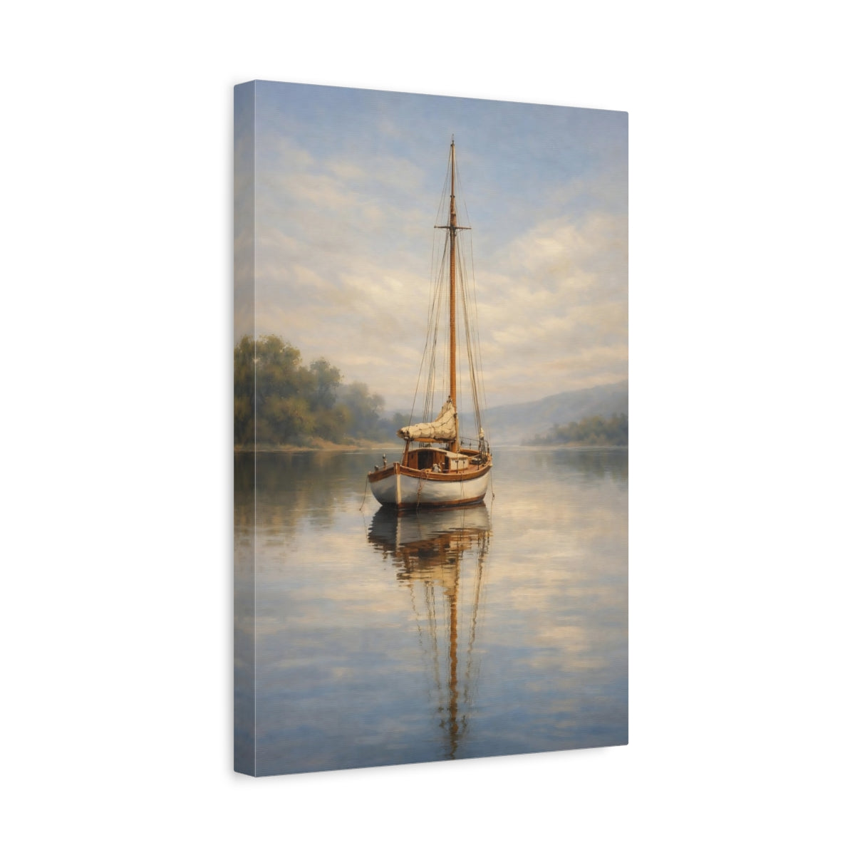 Side Mockup 4. Nature Sailboat Misty Lake Sailboat shown as stretched canvas wall art