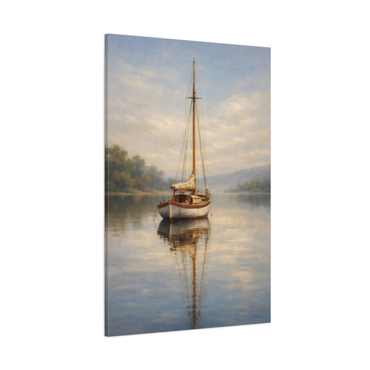 Main Mockup. Nature Sailboat Misty Lake Sailboat shown as stretched canvas wall art