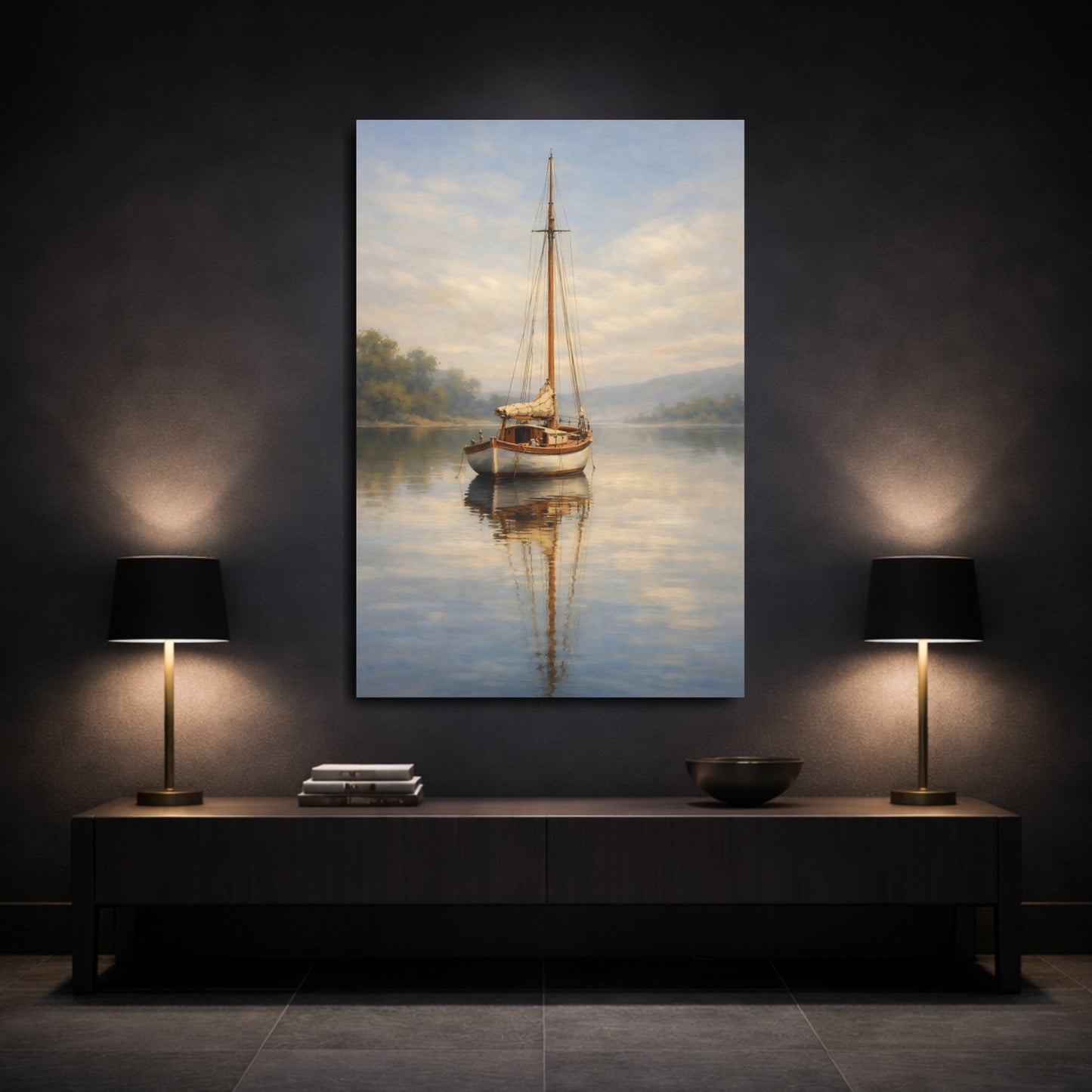 Mockup 2. Nature Sailboat Misty Lake Sailboat shown as stretched canvas wall art
