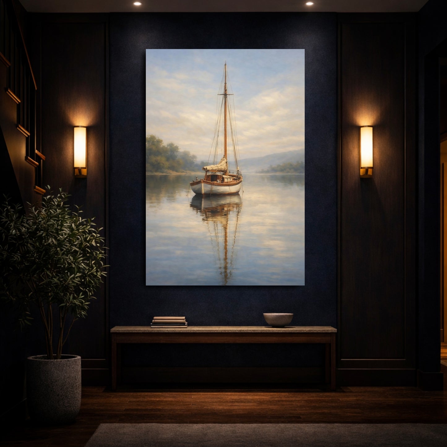 Mockup 3. Nature Sailboat Misty Lake Sailboat shown as stretched canvas wall art