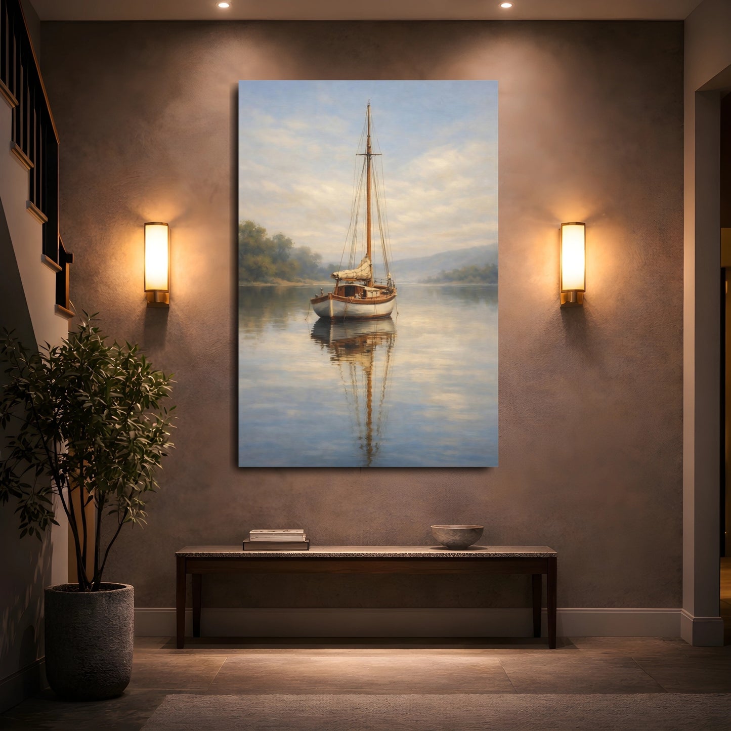 Mockup 4. Nature Sailboat Misty Lake Sailboat shown as stretched canvas wall art