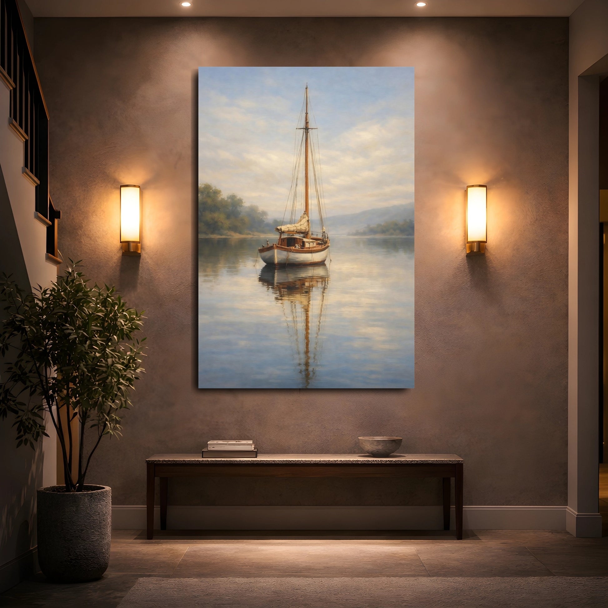 Mockup 4. Nature Sailboat Misty Lake Sailboat shown as stretched canvas wall art