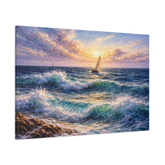 Nature Sailboat Ocean Sunset shown as stretched canvas wall art