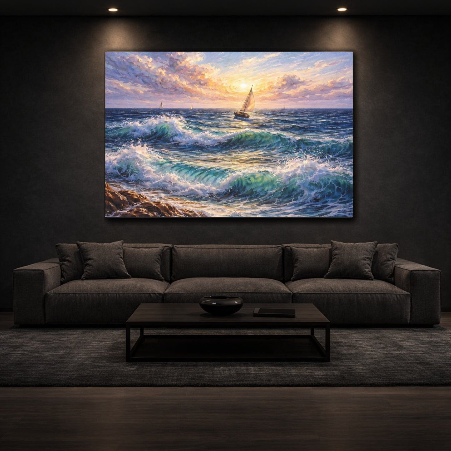 Nature Sailboat Ocean Sunset shown as front canvas room wall art