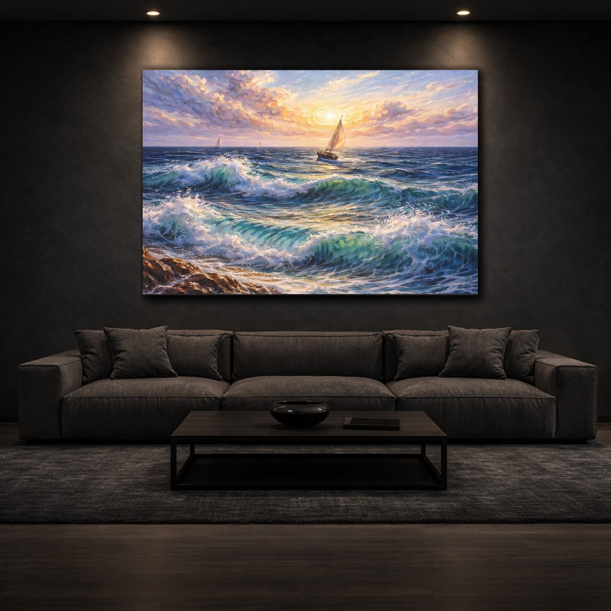 Nature Sailboat Ocean Sunset shown as front canvas room wall art