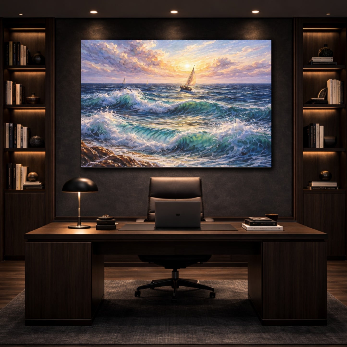 Nature Sailboat Ocean Sunset shown as front canvas room wall art